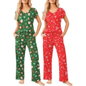 image:imageEkouaer 2 Pack Womens Pajamas Short Sleeve Sleepwear Top with Pants SuperSoft Printed Lounge Sets SXXLChristmas RedChristmas Green