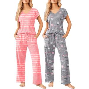 image:imageEkouaer 2 Pack Womens Pajamas Short Sleeve Sleepwear Top with Pants SuperSoft Printed Lounge Sets SXXLCoffee GrayPink Stripe