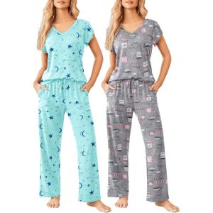 image:imageEkouaer 2 Pack Womens Pajamas Short Sleeve Sleepwear Top with Pants SuperSoft Printed Lounge Sets SXXLCoffee GrayStar Blue
