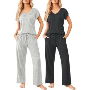 image:imageEkouaer 2 Pack Womens Pajamas Short Sleeve Sleepwear Top with Pants SuperSoft Printed Lounge Sets SXXLGray Gray Stripe