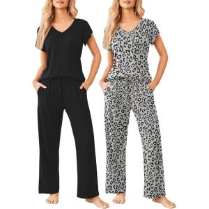 image:imageEkouaer 2 Pack Womens Pajamas Short Sleeve Sleepwear Top with Pants SuperSoft Printed Lounge Sets SXXLGray LeopardBlack