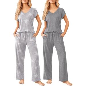 image:imageEkouaer 2 Pack Womens Pajamas Short Sleeve Sleepwear Top with Pants SuperSoft Printed Lounge Sets SXXLGray StarGray