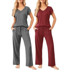 image:imageEkouaer 2 Pack Womens Pajamas Short Sleeve Sleepwear Top with Pants SuperSoft Printed Lounge Sets SXXLGrayWine Red