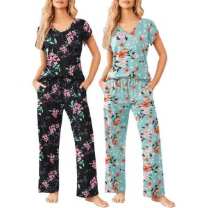 image:imageEkouaer 2 Pack Womens Pajamas Short Sleeve Sleepwear Top with Pants SuperSoft Printed Lounge Sets SXXLGreen FlowerBlack Flower