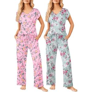image:imageEkouaer 2 Pack Womens Pajamas Short Sleeve Sleepwear Top with Pants SuperSoft Printed Lounge Sets SXXLLight Green FlowerPink Yellow Flower