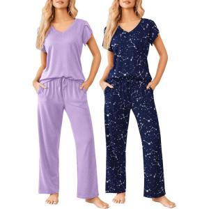 image:imageEkouaer 2 Pack Womens Pajamas Short Sleeve Sleepwear Top with Pants SuperSoft Printed Lounge Sets SXXLLilac DotsNavy Star