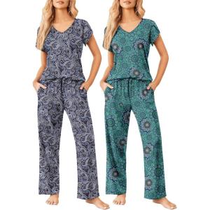 image:imageEkouaer 2 Pack Womens Pajamas Short Sleeve Sleepwear Top with Pants SuperSoft Printed Lounge Sets SXXLNavy Cashew FlowersBlue Green Mandala Pattern