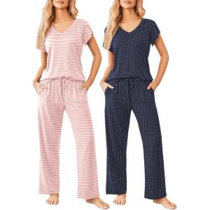 image:imageEkouaer 2 Pack Womens Pajamas Short Sleeve Sleepwear Top with Pants SuperSoft Printed Lounge Sets SXXLPink StripeNavy Dots