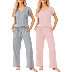 image:imageEkouaer 2 Pack Womens Pajamas Short Sleeve Sleepwear Top with Pants SuperSoft Printed Lounge Sets SXXLPinkLight Gray