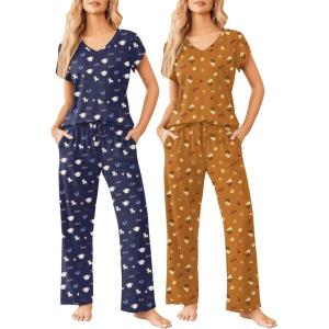 image:imageEkouaer 2 Pack Womens Pajamas Short Sleeve Sleepwear Top with Pants SuperSoft Printed Lounge Sets SXXLTeddy NavyTeddy Brown
