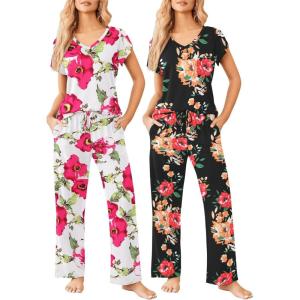 image:imageEkouaer 2 Pack Womens Pajamas Short Sleeve Sleepwear Top with Pants SuperSoft Printed Lounge Sets SXXLZblack FlowerWhite Flower