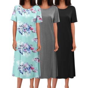 image:imageEkouaer 3 Pack Long Nightgowns for Women Full Length Short Sleeve Nightshirt Soft Plus Size Sleepwear Casual LoungwearBlack grey blue Flower