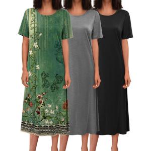 image:imageEkouaer 3 Pack Long Nightgowns for Women Full Length Short Sleeve Nightshirt Soft Plus Size Sleepwear Casual LoungwearBlack grey green Floral