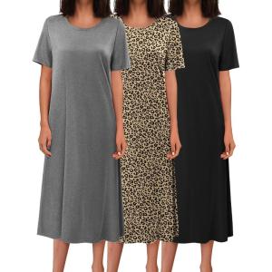 image:imageEkouaer 3 Pack Long Nightgowns for Women Full Length Short Sleeve Nightshirt Soft Plus Size Sleepwear Casual LoungwearBlack grey leopard