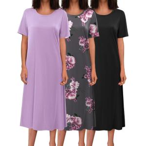 image:imageEkouaer 3 Pack Long Nightgowns for Women Full Length Short Sleeve Nightshirt Soft Plus Size Sleepwear Casual LoungwearBlack lilac white Flower