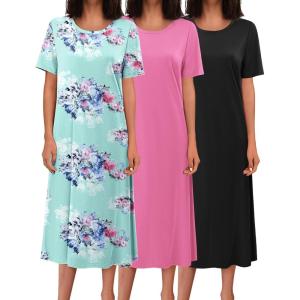 image:imageEkouaer 3 Pack Long Nightgowns for Women Full Length Short Sleeve Nightshirt Soft Plus Size Sleepwear Casual LoungwearBlack pink blue Flower