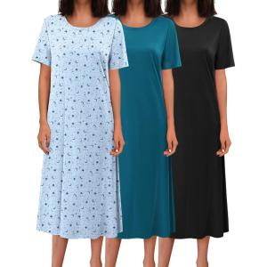 image:imageEkouaer 3 Pack Long Nightgowns for Women Full Length Short Sleeve Nightshirt Soft Plus Size Sleepwear Casual LoungwearBlack star blue Green