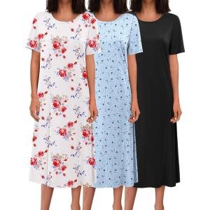 image:imageEkouaer 3 Pack Long Nightgowns for Women Full Length Short Sleeve Nightshirt Soft Plus Size Sleepwear Casual LoungwearBlack white Red Flowersstar