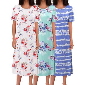 image:imageEkouaer 3 Pack Long Nightgowns for Women Full Length Short Sleeve Nightshirt Soft Plus Size Sleepwear Casual LoungwearBlue Flower white Red Flowersblue Strip