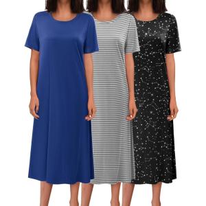 image:imageEkouaer 3 Pack Long Nightgowns for Women Full Length Short Sleeve Nightshirt Soft Plus Size Sleepwear Casual LoungwearBlue star grey Strip