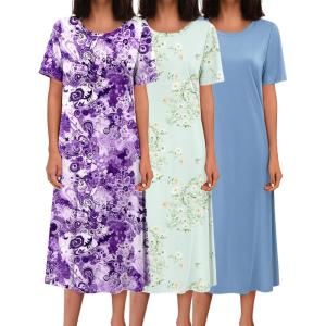 image:imageEkouaer 3 Pack Long Nightgowns for Women Full Length Short Sleeve Nightshirt Soft Plus Size Sleepwear Casual LoungwearLight Blue floral Purple floral Green