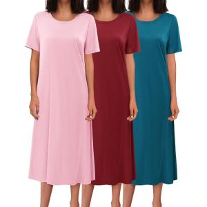 image:imageEkouaer 3 Pack Long Nightgowns for Women Full Length Short Sleeve Nightshirt Soft Plus Size Sleepwear Casual LoungwearWine Red pink blue Green