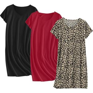 image:imageEkouaer Cotton Nightgowns for Women 3 Pack Sleepshirts Short Sleeve Night Shirt Tshirt Night Gown Print Sleepwear DressBlackWine RedLeopard