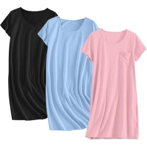 image:imageEkouaer Cotton Nightgowns for Women 3 Pack Sleepshirts Short Sleeve Night Shirt Tshirt Night Gown Print Sleepwear DressBlakLight BlueLight Pink