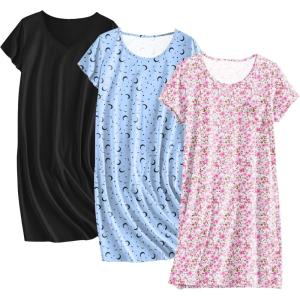 image:imageEkouaer Cotton Nightgowns for Women 3 Pack Sleepshirts Short Sleeve Night Shirt Tshirt Night Gown Print Sleepwear DressBlue MoonBlackPink Floral