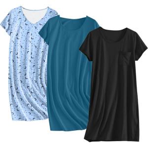 image:imageEkouaer Cotton Nightgowns for Women 3 Pack Sleepshirts Short Sleeve Night Shirt Tshirt Night Gown Print Sleepwear DressDark BlueBlue MoonBlack
