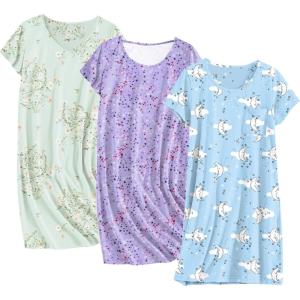 image:imageEkouaer Cotton Nightgowns for Women 3 Pack Sleepshirts Short Sleeve Night Shirt Tshirt Night Gown Print Sleepwear DressLittle DaisyBlue White MoonPurple Star