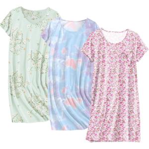 image:imageEkouaer Cotton Nightgowns for Women 3 Pack Sleepshirts Short Sleeve Night Shirt Tshirt Night Gown Print Sleepwear DressLittle DaisyPink FloralTie Dye