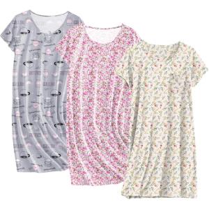 image:imageEkouaer Cotton Nightgowns for Women 3 Pack Sleepshirts Short Sleeve Night Shirt Tshirt Night Gown Print Sleepwear DressPink FloralGrey CoffeYellow Floral