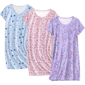 image:imageEkouaer Cotton Nightgowns for Women 3 Pack Sleepshirts Short Sleeve Night Shirt Tshirt Night Gown Print Sleepwear DressPink FloralMoon StarPurple Star