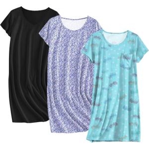 image:imageEkouaer Cotton Nightgowns for Women 3 Pack Sleepshirts Short Sleeve Night Shirt Tshirt Night Gown Print Sleepwear DressPurple FloralBlackBlue Butterfly