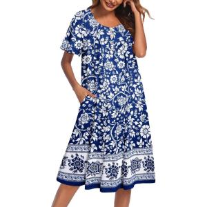 image:imageEkouaer House Dress for Women with Pockets Short Sleeve Moo Moos Plus Size Nightgowns Floral Print Mumu DressesBohemian Flowers Blue