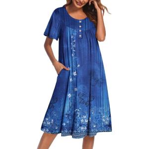 image:imageEkouaer House Dress for Women with Pockets Short Sleeve Moo Moos Plus Size Nightgowns Floral Print Mumu DressesEthnic Print Blue