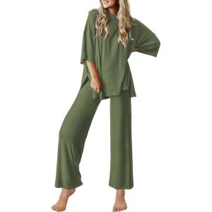 image:imageEkouaer Lounge Sets for Women Short Sleeve Tops and Long Pants Soft Comfy Pajamas Set 2 Piece OutfitsArmy Green