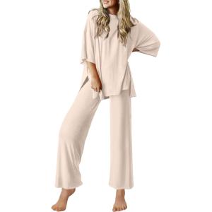 image:imageEkouaer Lounge Sets for Women Short Sleeve Tops and Long Pants Soft Comfy Pajamas Set 2 Piece OutfitsBeige