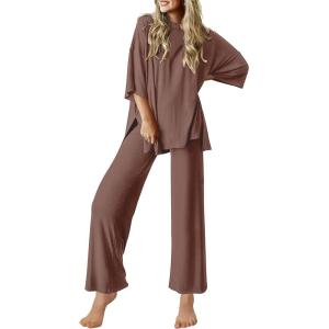 image:imageEkouaer Lounge Sets for Women Short Sleeve Tops and Long Pants Soft Comfy Pajamas Set 2 Piece OutfitsBrown