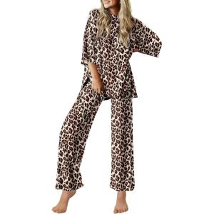 image:imageEkouaer Lounge Sets for Women Short Sleeve Tops and Long Pants Soft Comfy Pajamas Set 2 Piece OutfitsBrown Leopard