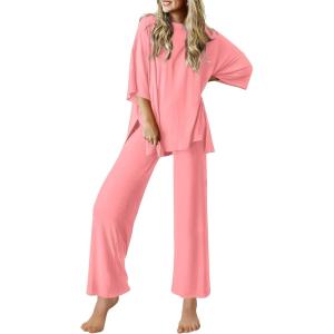 image:imageEkouaer Lounge Sets for Women Short Sleeve Tops and Long Pants Soft Comfy Pajamas Set 2 Piece OutfitsDeep Pink