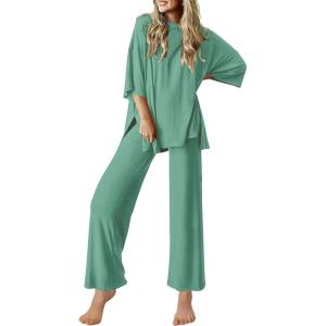image:imageEkouaer Lounge Sets for Women Short Sleeve Tops and Long Pants Soft Comfy Pajamas Set 2 Piece OutfitsGray Green