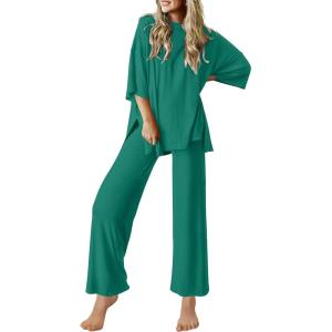 image:imageEkouaer Lounge Sets for Women Short Sleeve Tops and Long Pants Soft Comfy Pajamas Set 2 Piece OutfitsIvy Green