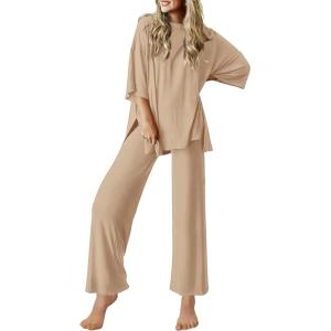 image:imageEkouaer Lounge Sets for Women Short Sleeve Tops and Long Pants Soft Comfy Pajamas Set 2 Piece OutfitsKhaki