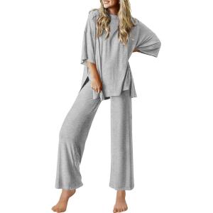 image:imageEkouaer Lounge Sets for Women Short Sleeve Tops and Long Pants Soft Comfy Pajamas Set 2 Piece OutfitsLight Gray