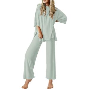 image:imageEkouaer Lounge Sets for Women Short Sleeve Tops and Long Pants Soft Comfy Pajamas Set 2 Piece OutfitsLight Green