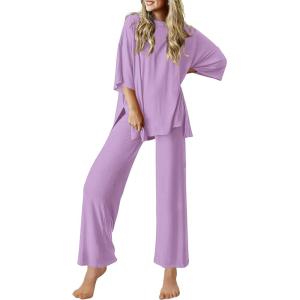 image:imageEkouaer Lounge Sets for Women Short Sleeve Tops and Long Pants Soft Comfy Pajamas Set 2 Piece OutfitsLilac