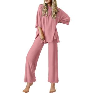 image:imageEkouaer Lounge Sets for Women Short Sleeve Tops and Long Pants Soft Comfy Pajamas Set 2 Piece OutfitsOld Rose