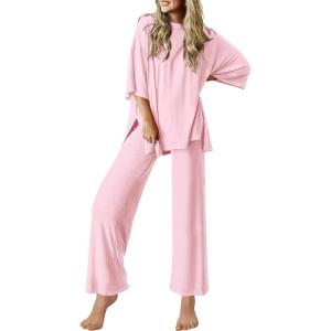 image:imageEkouaer Lounge Sets for Women Short Sleeve Tops and Long Pants Soft Comfy Pajamas Set 2 Piece OutfitsPink
